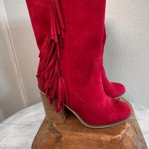 Pink-soda Red fringe western boots suede size 9